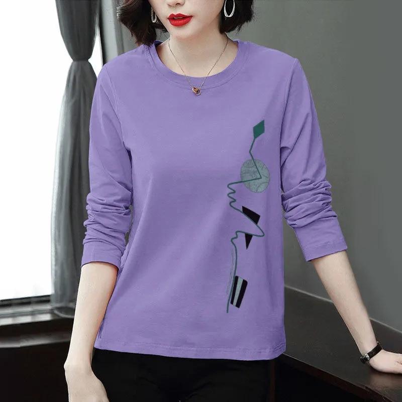 WTEMPO Women's Spring Summer Loose Cotton Round Collar Tops Shirts Female Long Sleeve Large Size Printed Casual Blouses