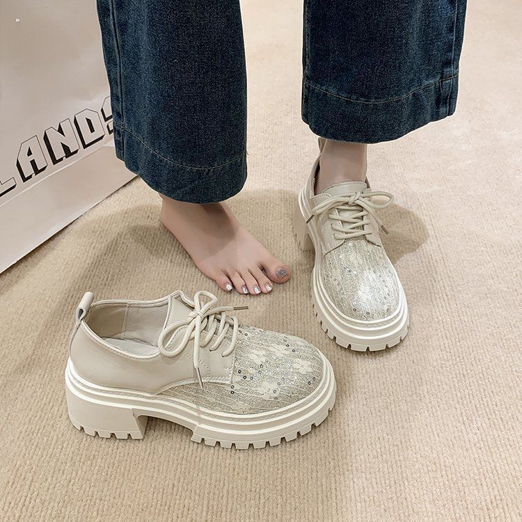 Big Head Lace-up Small Leather Shoes Women's 2025 Spring and Summer New Small Platform Women's Shoes Fashionable Heightening Loafers