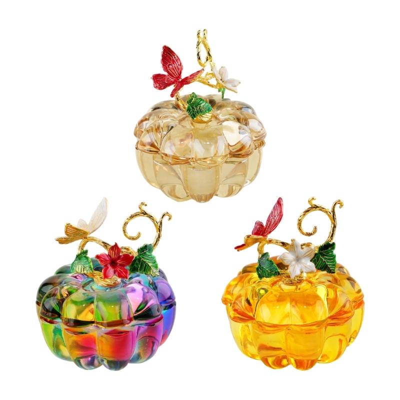 Decorative Glass Pumpkin Container with Removable Fitted Lid for Covered Small-Item Storage and Tabletop Display
