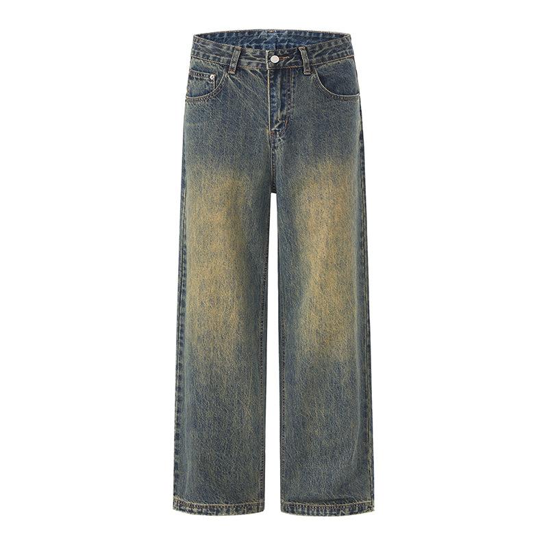 American A-line Grinding White Jeans for Men's Drape Loose High Street Simple Straight Pants