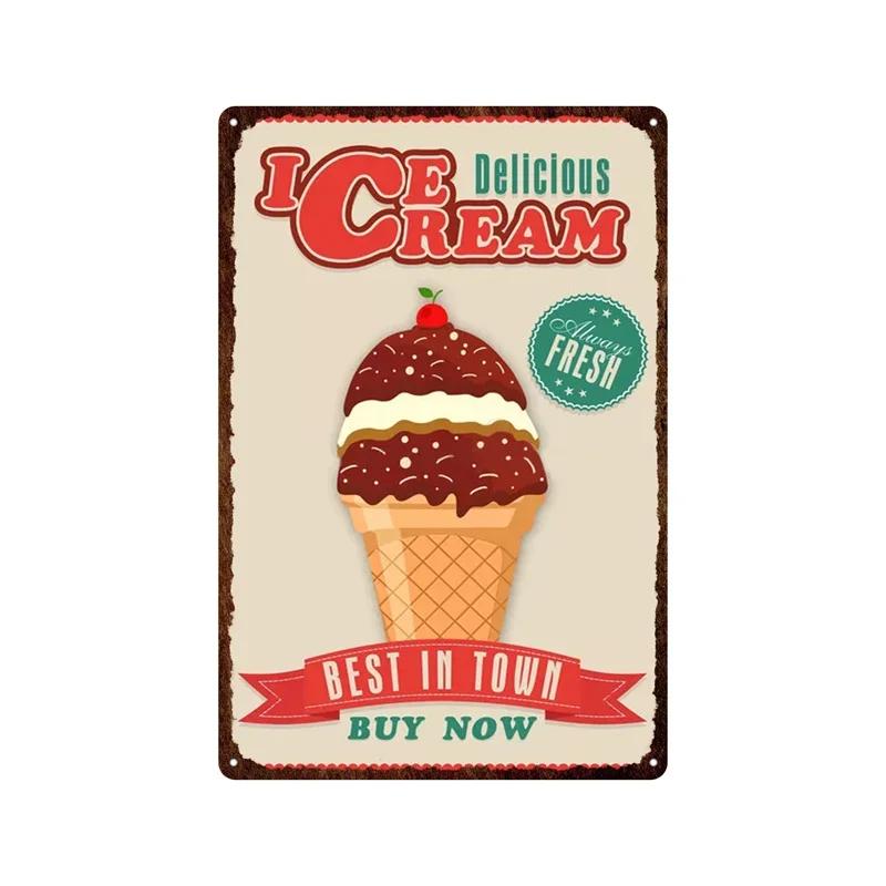 Metal Plate Tasty Cute Ice Cream Sundaes Milk Shake Painting Iron Tin Sign Wall Art Pictures For Kitchen Dessert Shop Home De