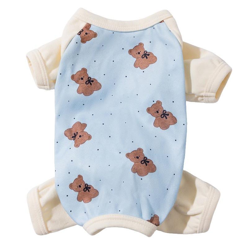 Pet Dog Four-Legged Pajama With Polka Dot Bear Print Warm Soft Fleece Belly Cover Air Conditioner Outfit
