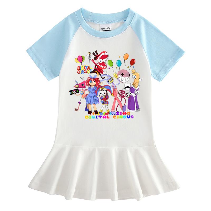 2026 Korean Style Kids' Cartoon Dress: Color Block Pleated Skirt with Short Sleeves for Girls