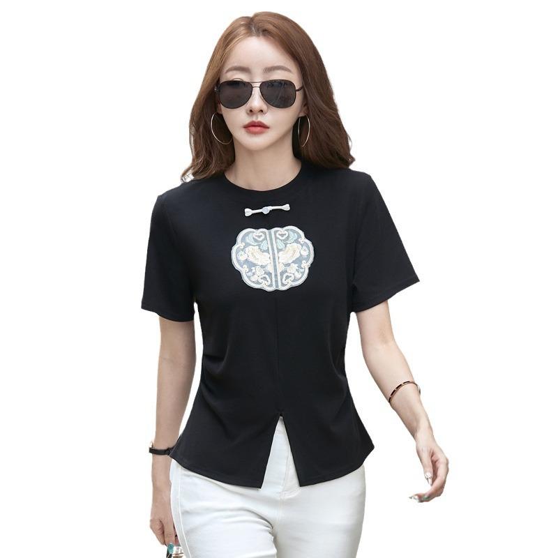 Sommer Damen T-Shirt im chinesischen Stil Schlanke dünne Kurzarm-Oberteile