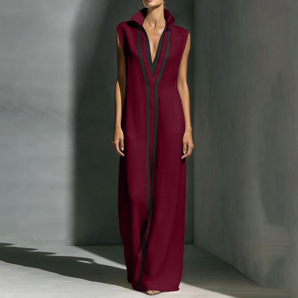 Sleeveless Maxi Dress with V Neck and Contrasting Trim Long Length Relaxed Fit for Casual or Formal Occasions