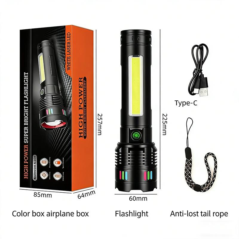 High Power LED Handheld Flashlight,5 Modes, Adjustable Beam, Type-C Fast Charging, Rechargeable Battery, Aluminum Alloy, with USB Cable