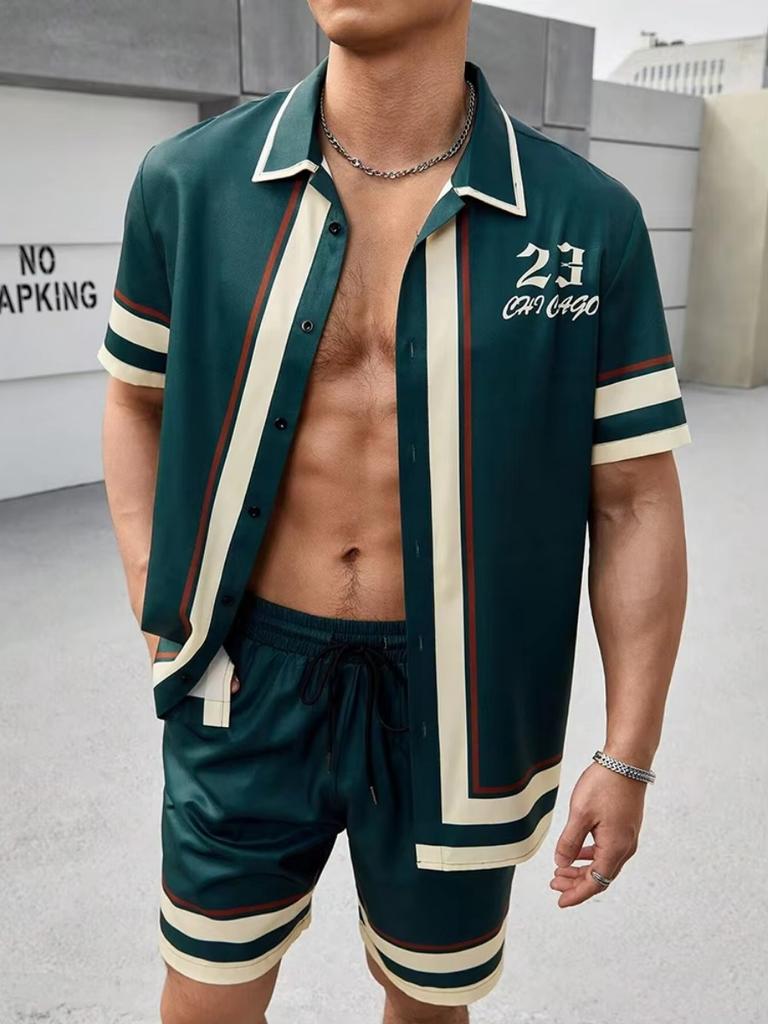 Men's Shirt Set Summer Striped Printed Short Sleeve Shirt Drawstring Shorts Casual Hawaiian Style Men's 2 Piece Home Large Size