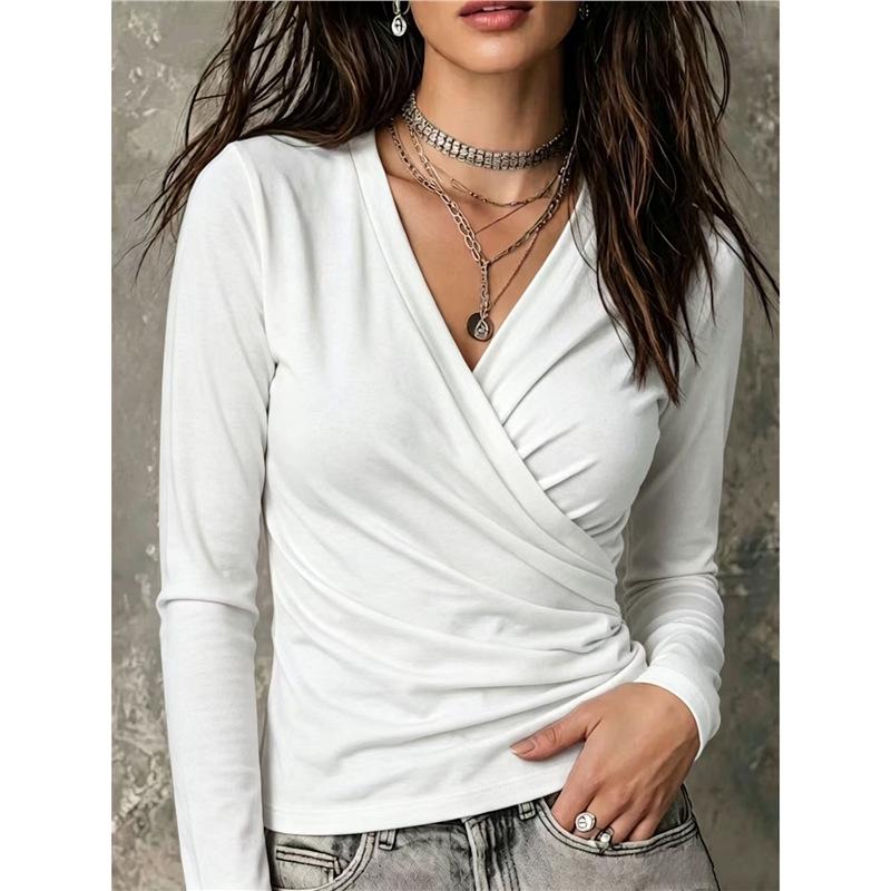 2026 Autumn Women's Cross V-neck Pleated Long Sleeve Casual T-shirt