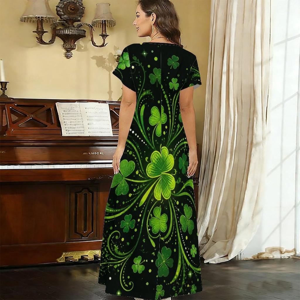 Women Plus Size V Neck Short Sleeve Clover Printed Dark Green Long Straight Dress