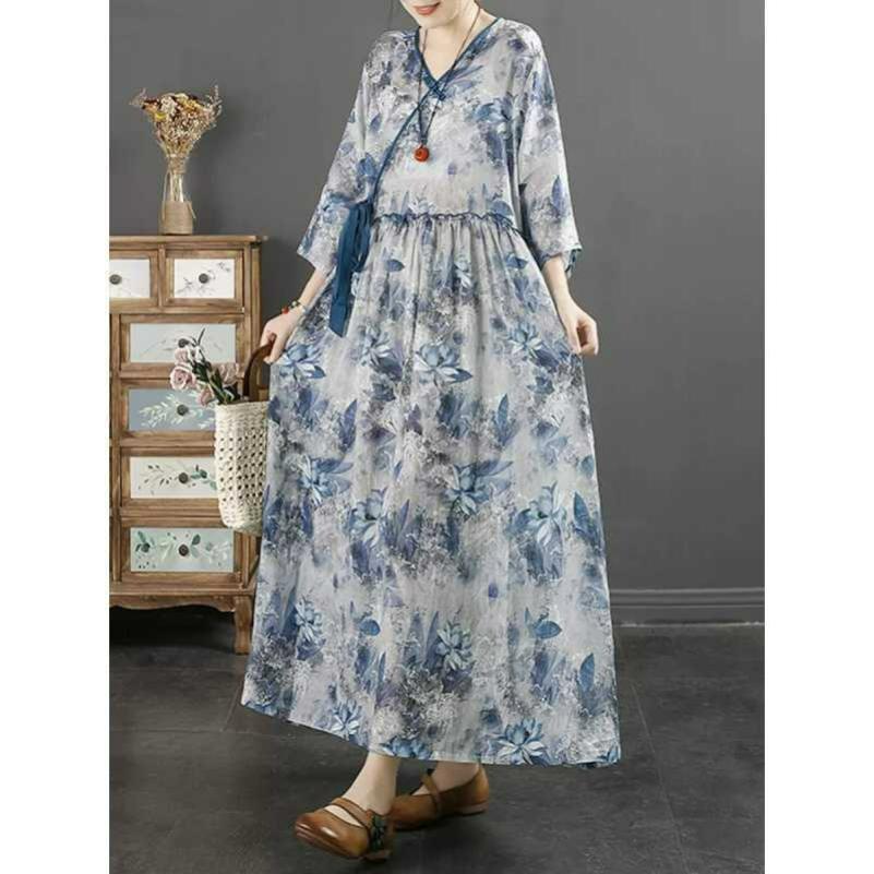 Spring Retro Printing Chinese Style V-neck Three-quarter Sleeves National Style Mid-length Waist Slimming Dress Women