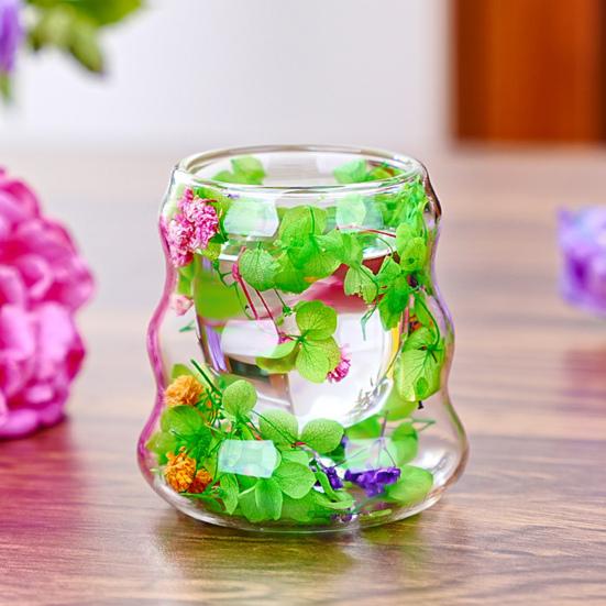Dried Flowers Insulated Coffee Mug Double Wall Clear Glass Heat Resistant Tea Cup for Water