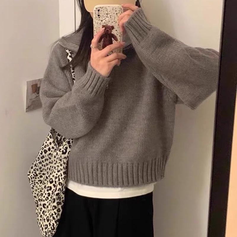 Autumn Winter Long Sleeved Half Zipper Pullover Sweater Turtleneck Fashion Elegant Office Sweet Lapel Loose Tops Casual Knitted Korean Simple Clothing
