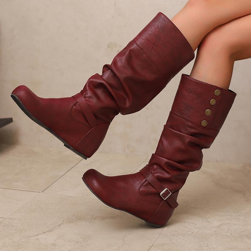 Women's flat-bottomed casual boots autumn and winter new inner height increase solid color large size medium boots