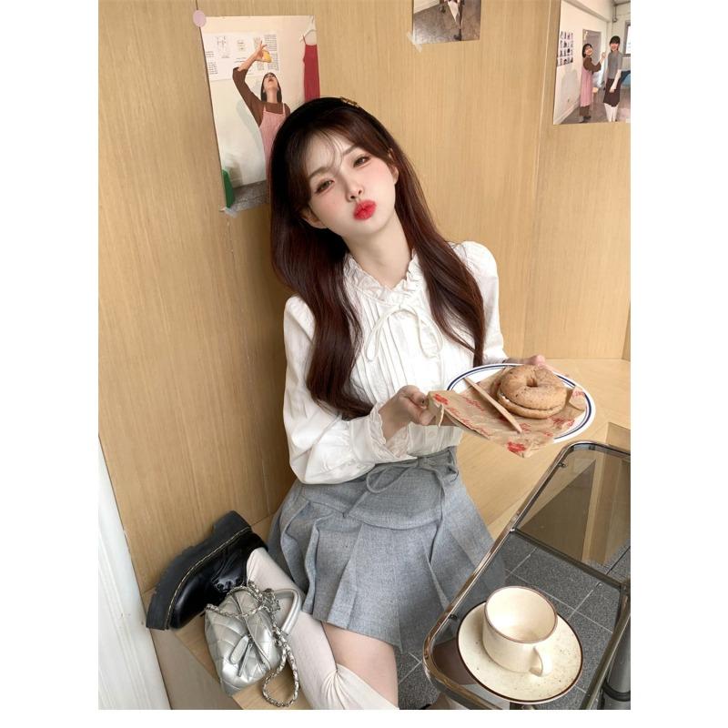 White Embroidered Earrings Lace-up Stand-up Collar Shirt for Women Spring and Autumn Chic French Retro Long-sleeved Inner Top