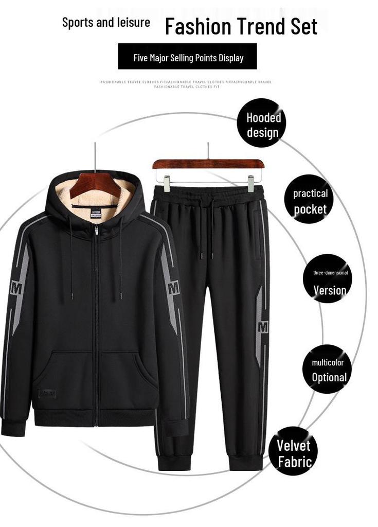 Plus Size Trendy Lambswool Hooded Jacket & Trousers Set for Fall/Winter