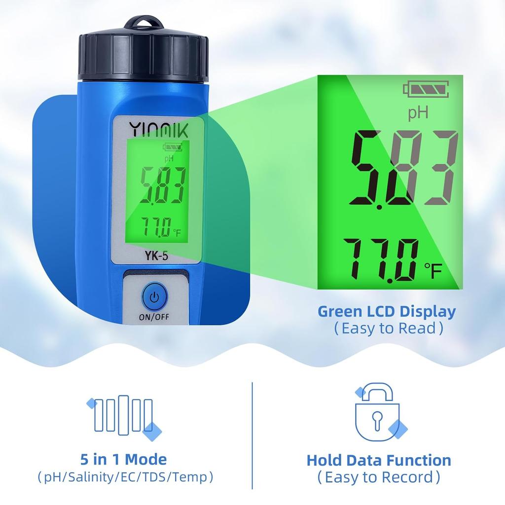 pH Salt Meter 5 in 1 pH TDS EC Salinity Tester for Pool Spa Aquarium Hydroponic Saltwater Digital pH and PPM Tester for Household Drinking Water Hot