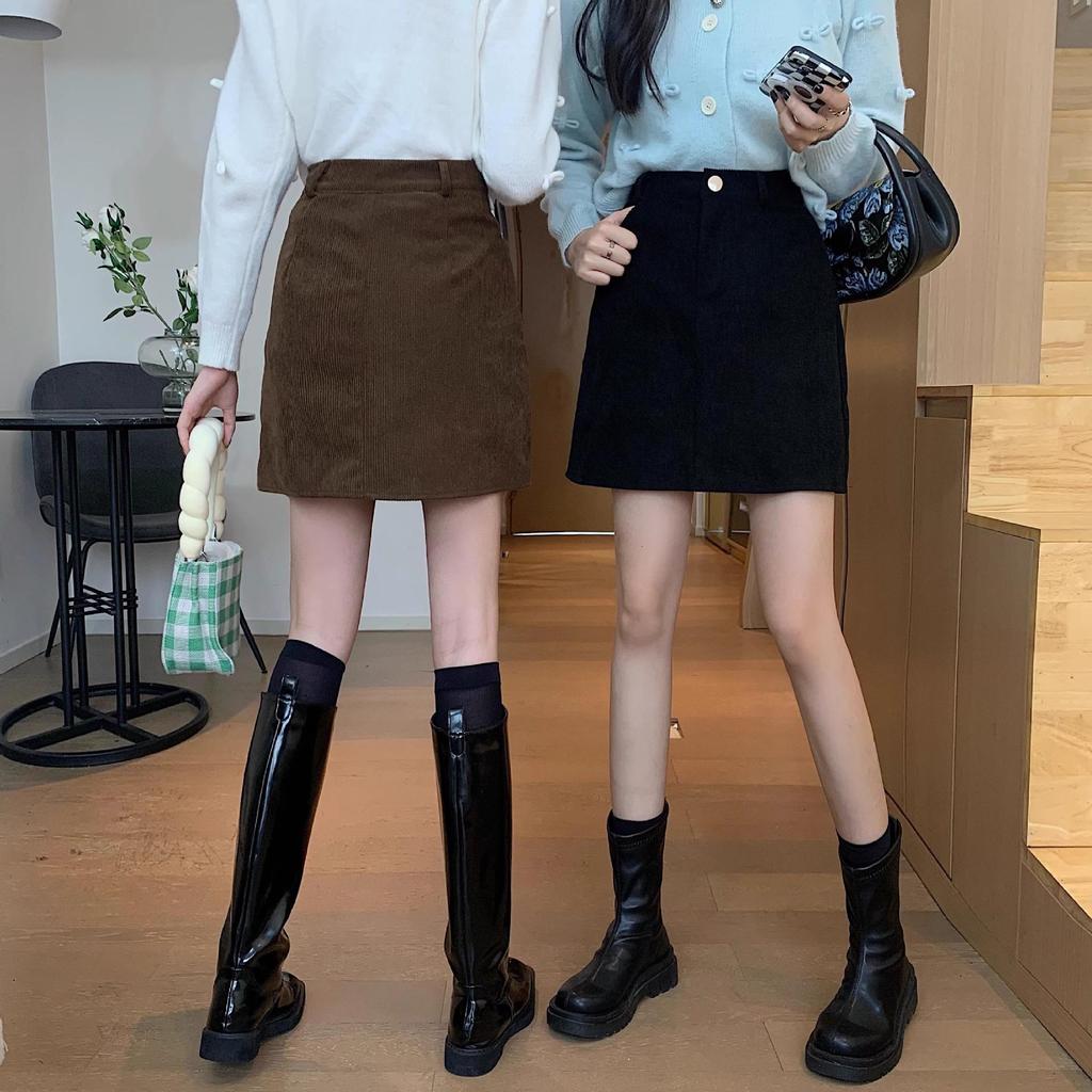 2023 Autumn/Winter Women's High Waist Corduroy Retro A-Line Skirt - Slim, Anti-Exposure, Korean Style