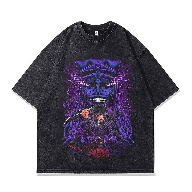 Men'S Japanese Cartoon Direct Injection Printing T-Shirt American Retro Vintage Loose Short-Sleeved T-Shirt Men'S