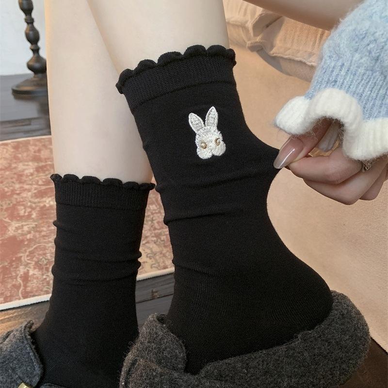 Cartoon Embroidered Socks, Girls' Lace, Cute Little Rabbit Socks, Pure Cotton Mid-calf Pile Socks