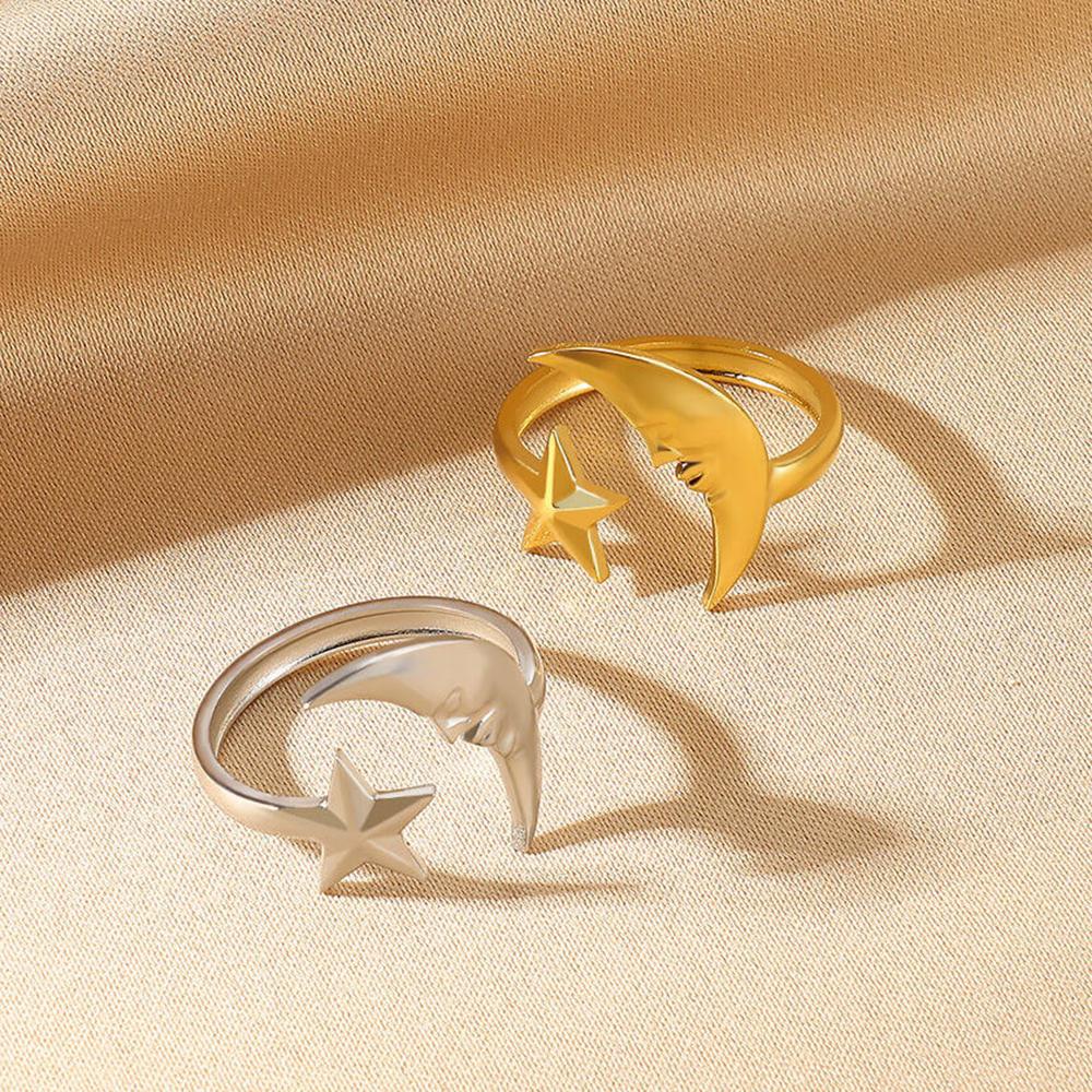 2025 New Stainless Steel Star Moon Open Ring For Women Gold Color Thin Finger Jewelry Basic Waterproof Rings Punk Unisex Anillos