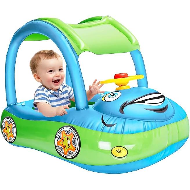 iGeeKid Inflatable Baby Pool Float with Canopy, Safty Seat for Infant Baby Swim Float Rings Car Shaped Swimming Pool Floaties for Babies Toddler Age