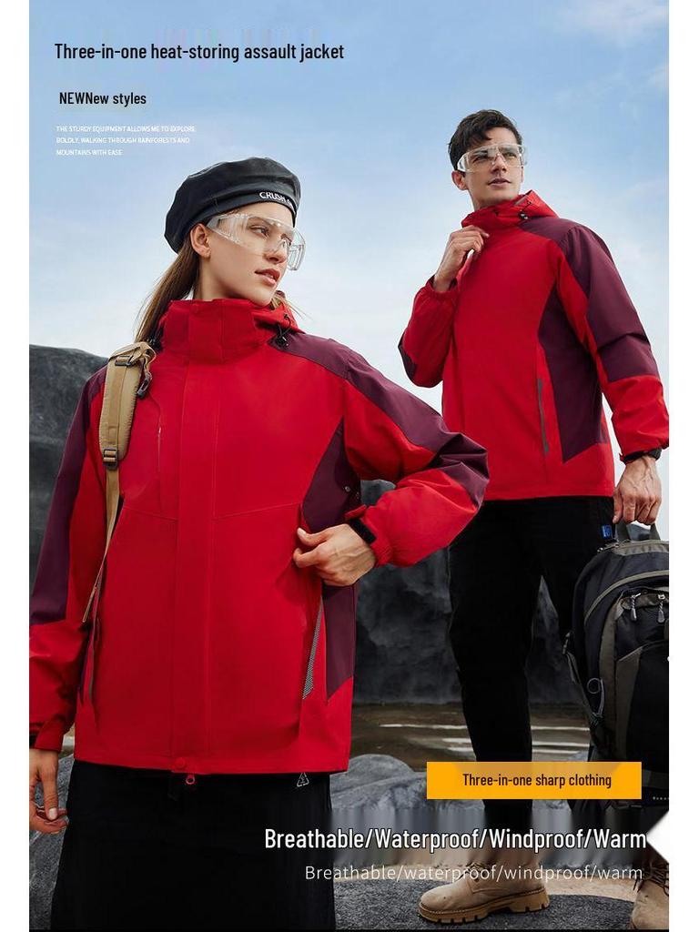 Unisex 3-i-1 Vintervandringsjacka: Vindtät, Varm, Avtagbar med Logobrodyr för Arbetskläder för Utomhusbruk