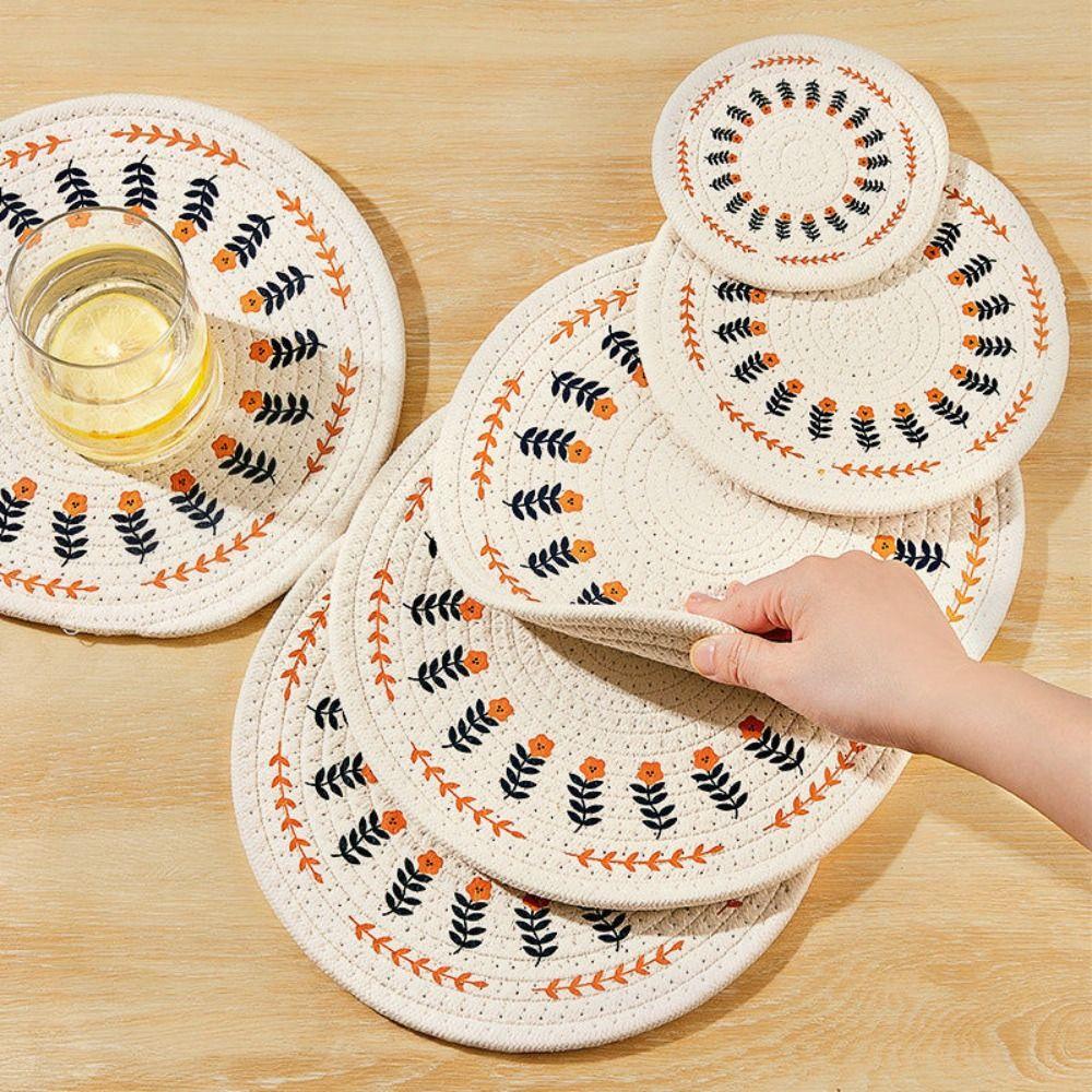 

Тканый хлопковый коврик с цветочным принтом, теплоизоляционная подставка для горшка, круглая подставка для украшения стола