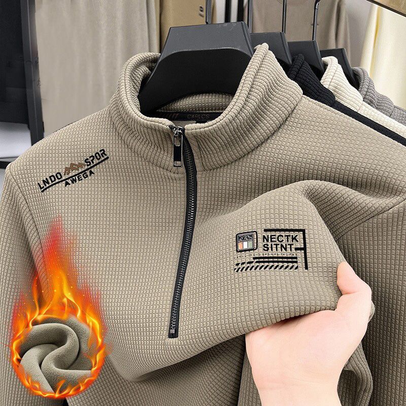 Men s Fleece Liner Sweatshirts Vintage Half Zipper Print Plaid Texture Thick Wool Warm Pullover Luxury Turtleneck Sweatshirts S 2263₽