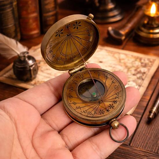 Handmade Antique Brass Sundial Compass with Leather Case Pocket Compass Gift for Him