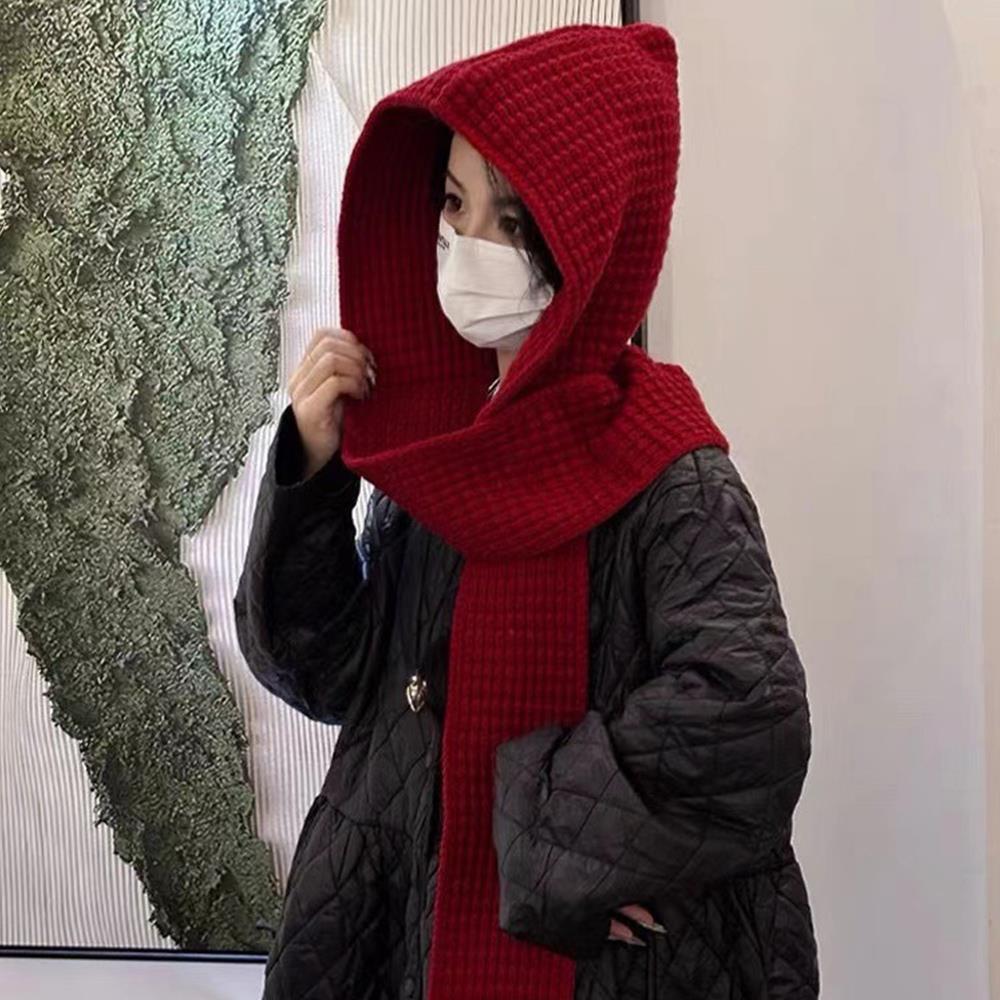 Knitted Hooded Caps Outdoor Hooded Scarf Winter Balaclava Hats Thicken Autumn Winter Neck Protector Headgear Solid Knit Beanies