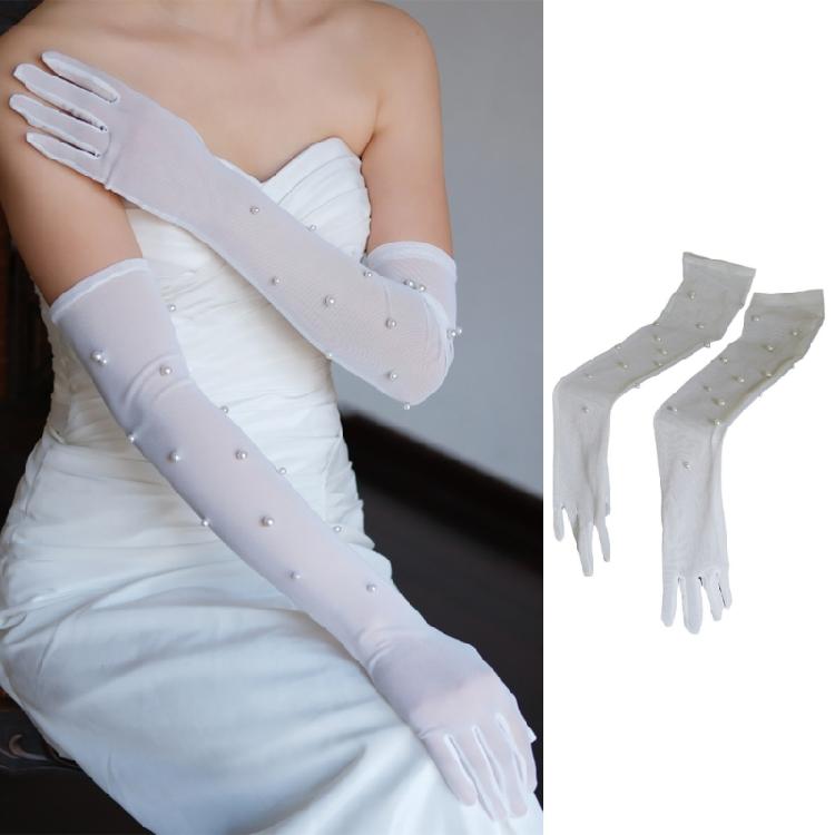 Elegant Gloves Pearls Full Finger for Proms Concert Evening Banquet Accessory Long Gloves for Bride and Bridesmaids