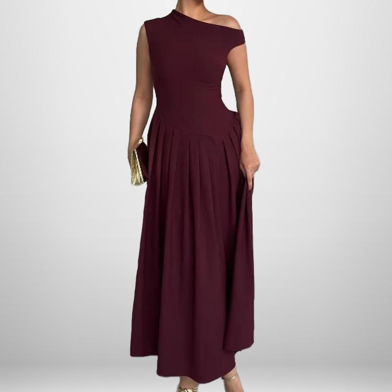 Rochie nouă cu temperament pentru femei, elegantă și la modă, monocoloră, fără mâneci, cu umerii goi și pliuri