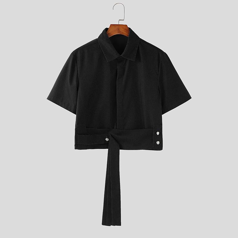 

INCERUN Men Summer Lapel Neck Short Sleeve Waist Belt Casual Cropped Shirts 4XL чёрный