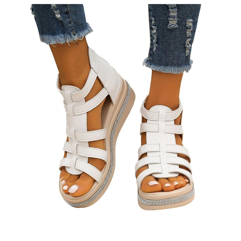 2025 Summer Women's Shoes Fashion Solid Color Multi Strap Combination Thick Bottom Zipper Water Diamond Design Cool Slippers