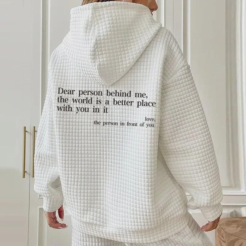 Women's Waffle Knit Hooded Sweatshirt with Letter Print - Loose Fit, Long Sleeves, Autumn/Winter Style  