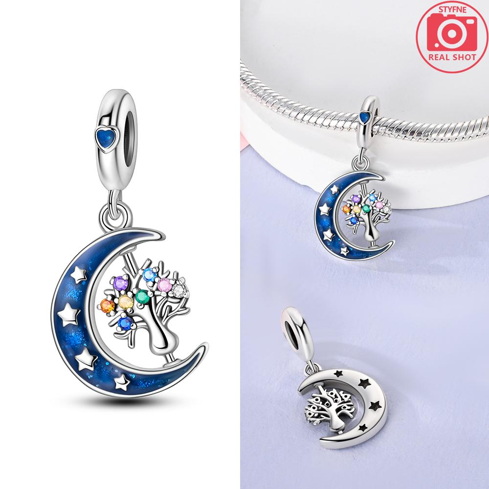 Charms 925 Silver Blue Zircon Moon Moon Luminous Star Beads Pendant Fit Bracelet Woman DIY Jewelry Fine Gifts Making