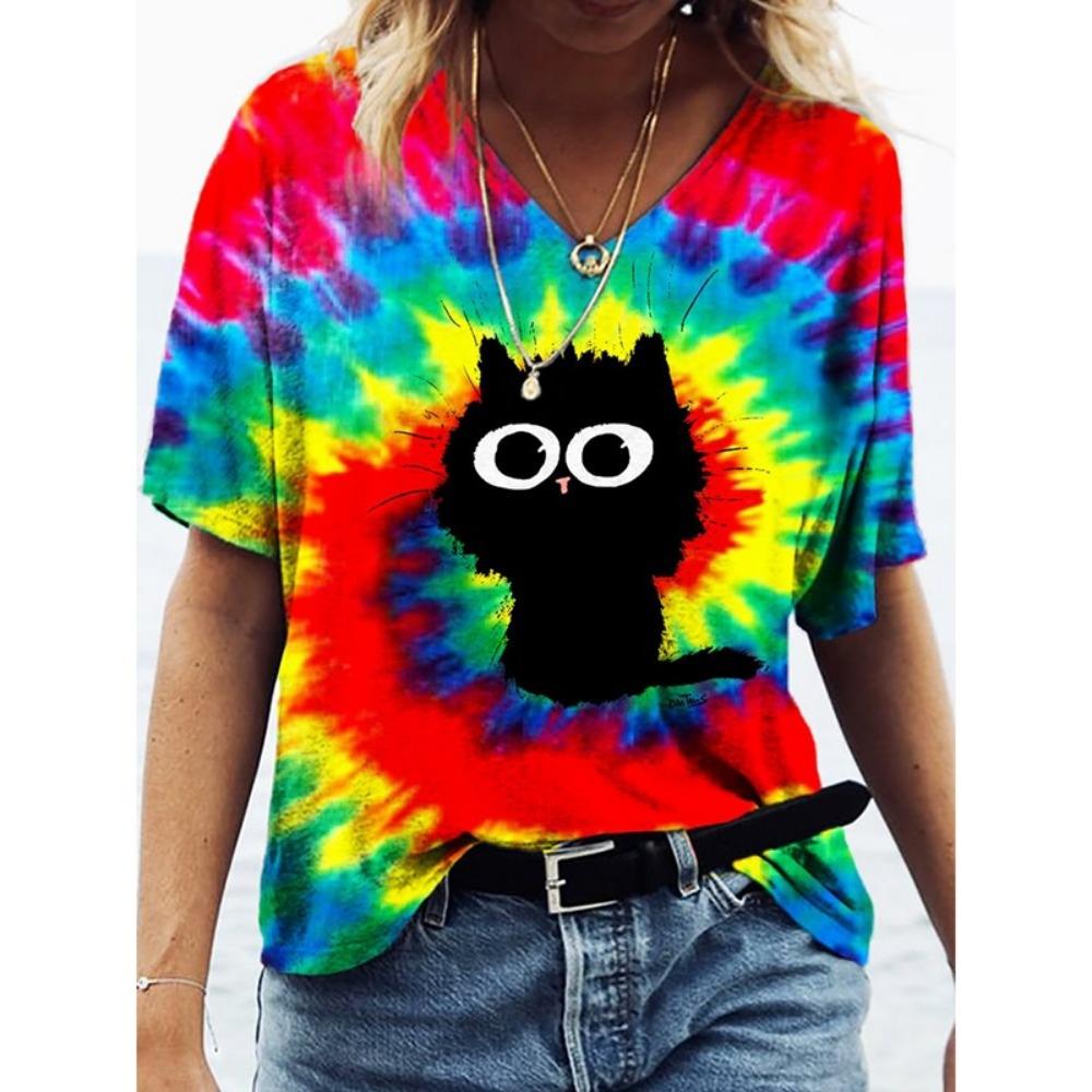 Cooles Mondkatzenmuster T-Shirt für Damen Lustiges Tier 3D-Druck Kurzarm Sommer Locker T-Shirts Rundhals Oberteile Tees Streetwear