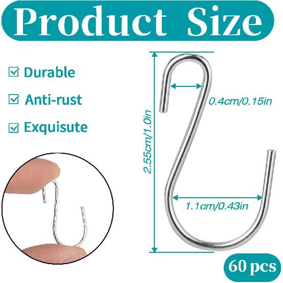 60 Pack 1 Inch Small S Hooks for Hanging S Shaped Hooks Metal Black Heavy Duty Mini S Hook Iron Wire Hook Hanger for Jewelry Necklaces Plants Lights