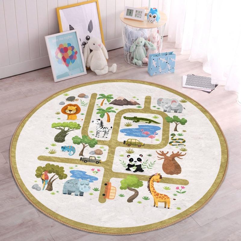 Circular Area Rug Creative Street Track Town Map Pattern Non Slip Washable Ground Blanket for Gaming Zone Living Room Decor