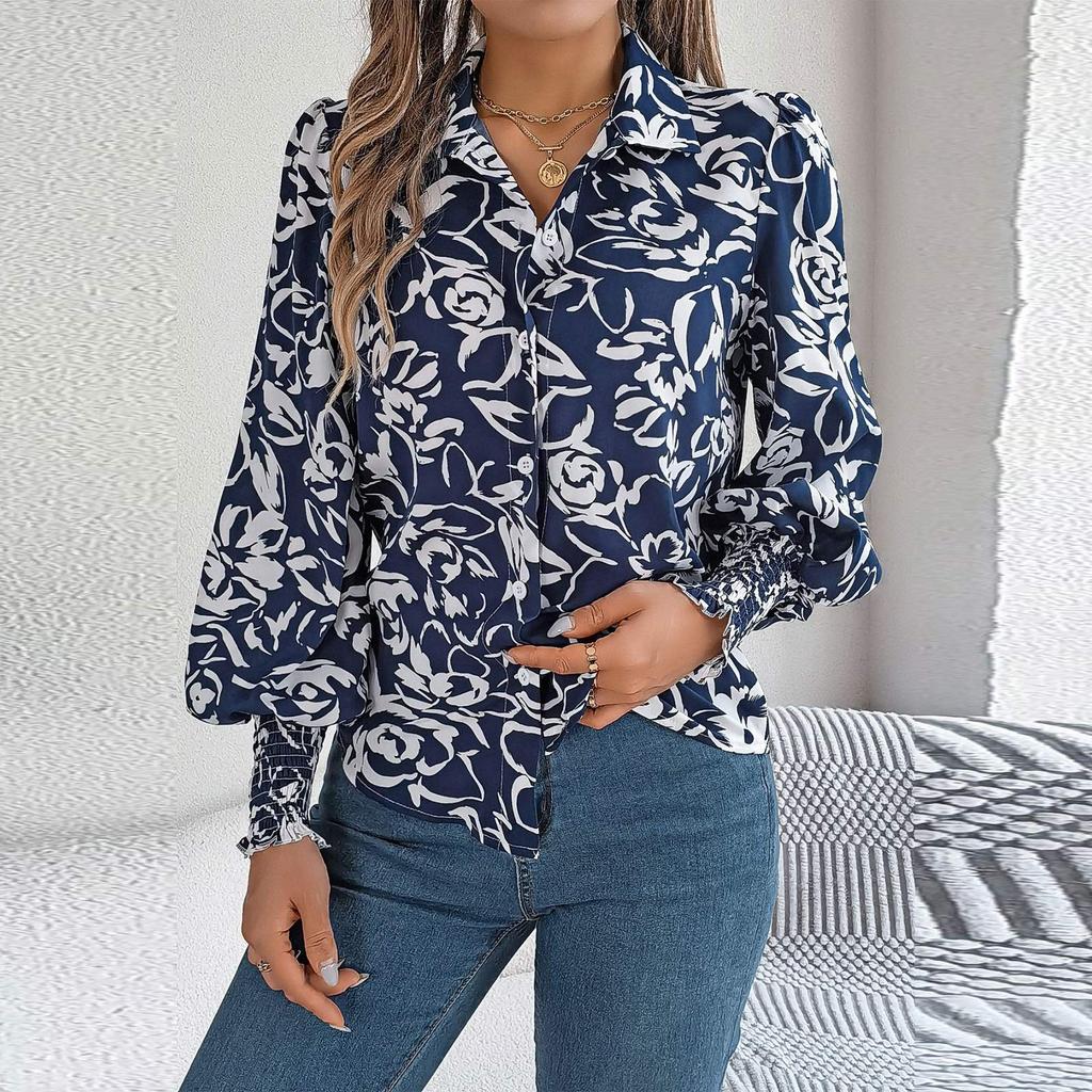 Women's Fashion Contrast Color Flower Long Sleeve Lapel Shirt Long Sleeve Top