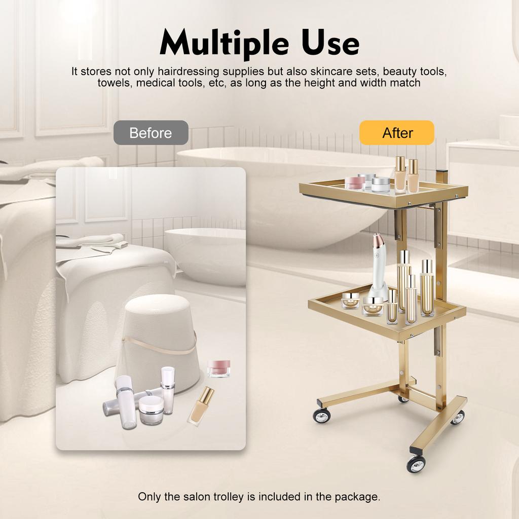 Carrello a 2 ripiani per salone di parrucchiere con ruote, organizer per prodotti di bellezza in acciaio inossidabile color oro, carrello con rotelle per salone, casa, spa