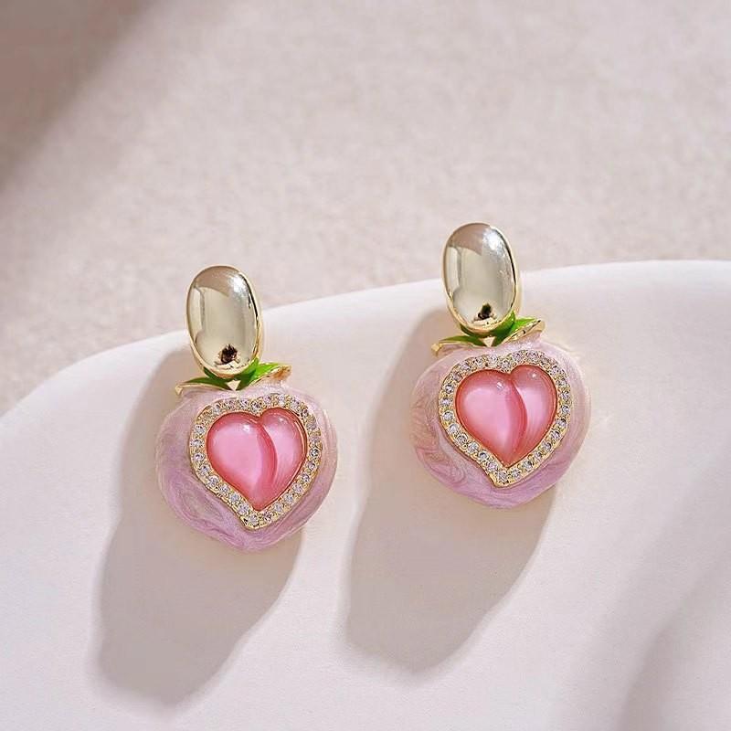 Soft cute pink peach love stud earrings with diamonds, sweet girl wind shaoxin earrings, daily high-end jewelry