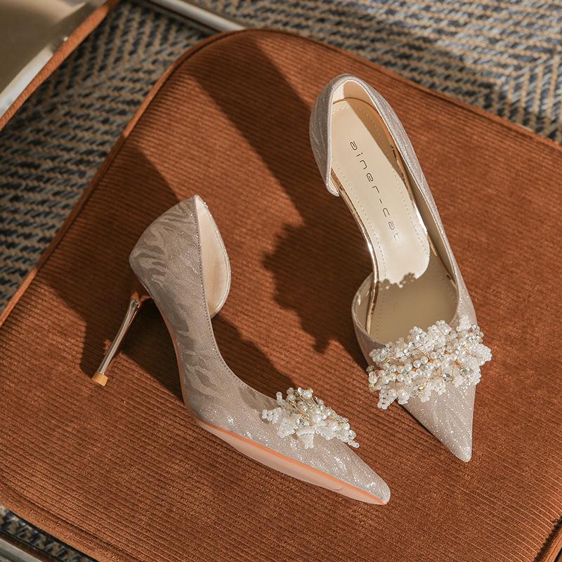 8335-2 High heels women's stiletto winter 2025 new French crystal wedding shoes pointed side empty bridal shoes