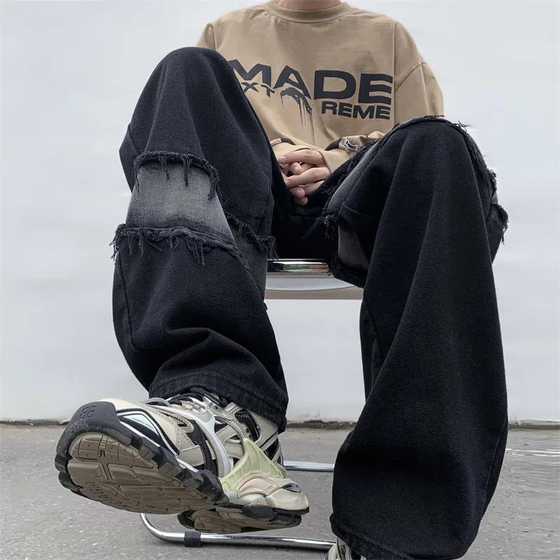 

Youthful Vitality Fashionable Spliced Jeans Men s Clothing Tassel Wide Leg Denim Pants Distressed Streetwear Straight Trousers S чорний