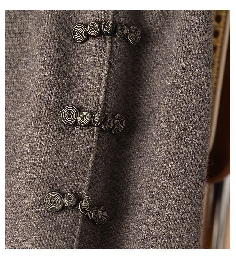 High Waist Elastic Wool Midi Skirt with Chinese Frog Buttons - Autumn/Winter Fashion