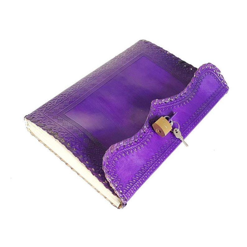 

Большой кожаный журнал ручной работы с тиснением, ЗАМОК И КЛЮЧ - Секретный дневник 10 x 7 in фиолетовый