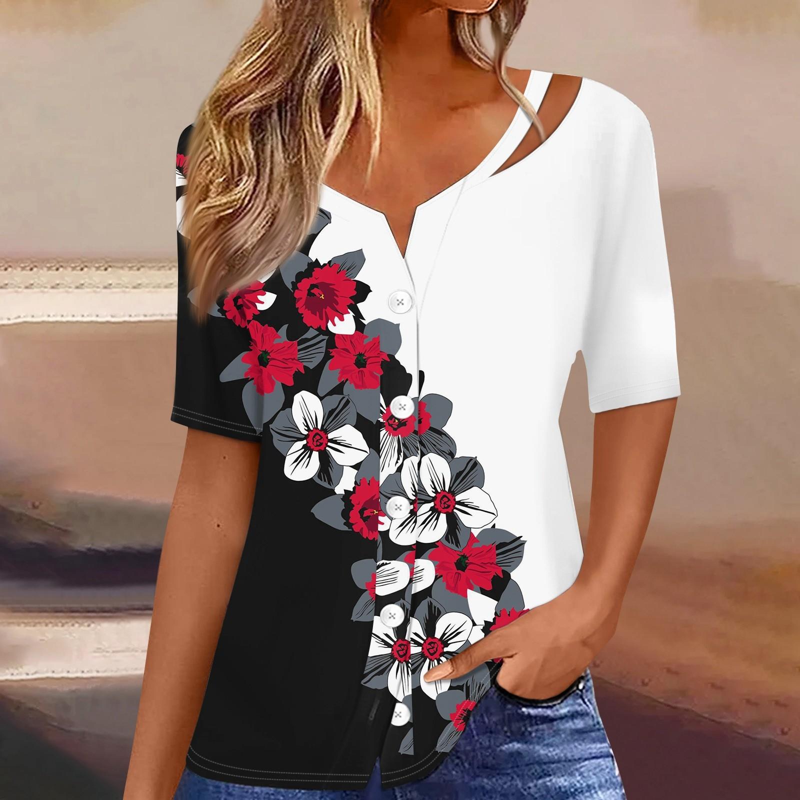 

Женская футболка с принтом, короткий рукав, v-образный вырез, кардиган на пуговицах, футболка, топ L красный