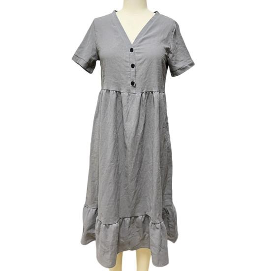 Women Summer Dress Button V Neck Short Sleeve Loose Fit Flowy Beach Sundress Ruffled A-line Swing Casual Midi Dress