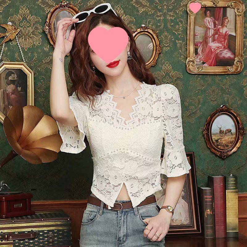 

Летняя кружевная блузка-пузырь в французском стиле, облегающая, с вырезами, короткая, 2026 Extra Large абрикосовый