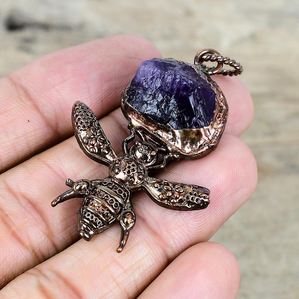 African amethyst rough pendant electroformed copper pendant handmade pendant very pretty gemstone jewelry honey bee pendant anniversary gift